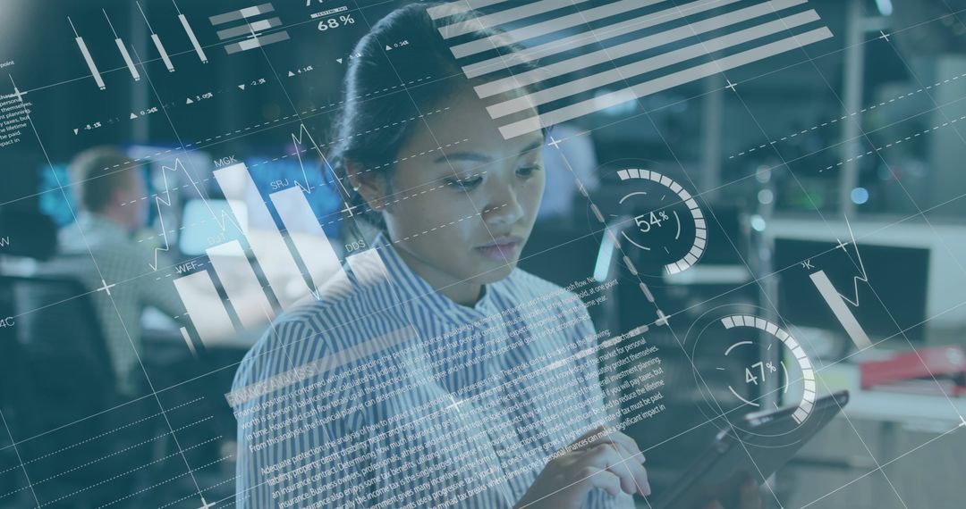Woman in Tech Analyzing Data with Digital Interface at Office