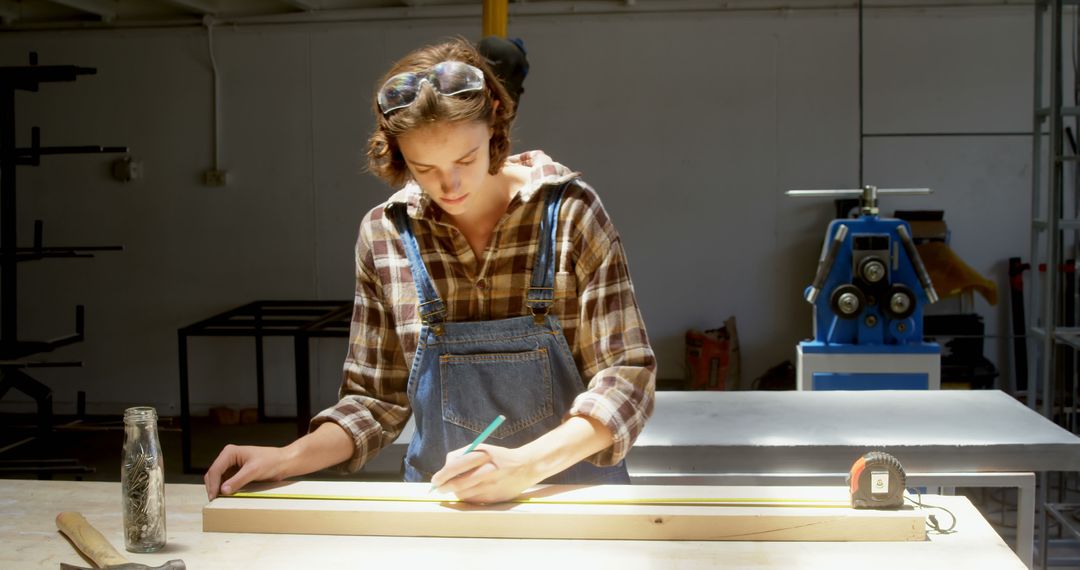 Woman Measuring Wood in Workshop for Precision Craftsmanship - Free Images, Stock Photos and Pictures on Pikwizard.com