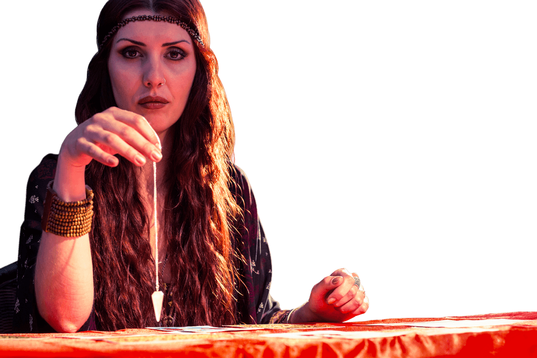 Fortune Teller Using Pendulum Over Red Table Transparent Background