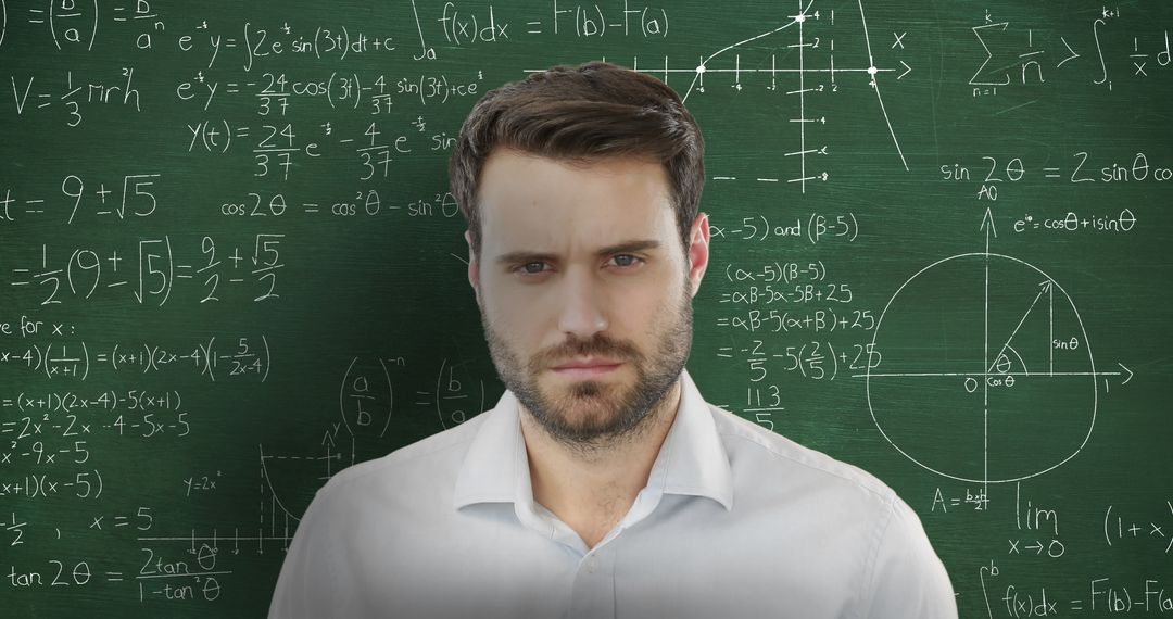 Man Calculating Complex Equations on Chalkboard