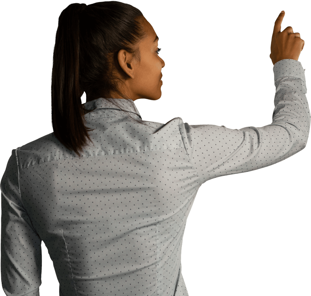 Rear View of Woman Touchscreen Interaction with Transparent Background