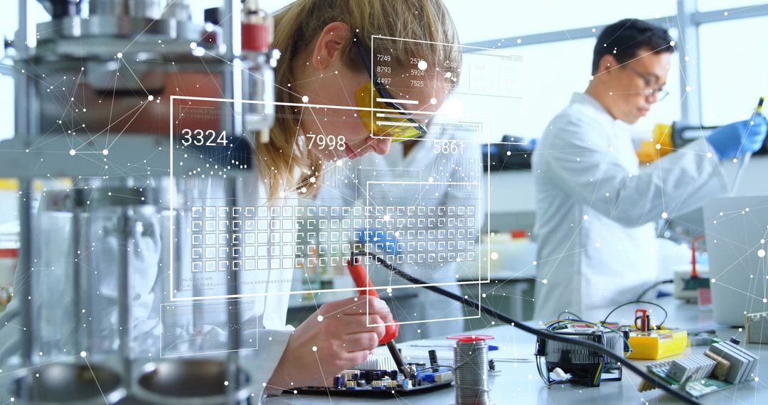 Scientists Analyzing Data in Advanced Lab with Digital Overlay Concepts - Free Images, Stock Photos and Pictures on Pikwizard.com