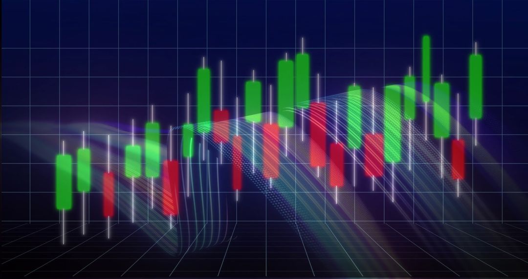 Dynamic Candlestick Chart on Grid with Light Waves Visualization
