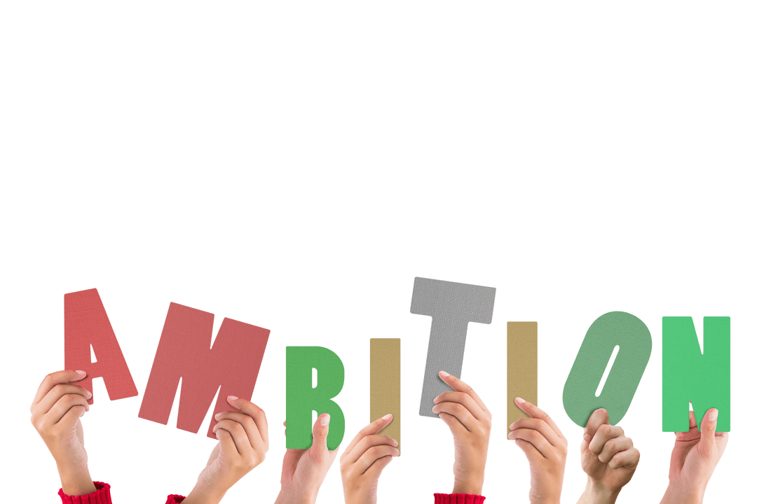 Hands Holding Ambition Text on Transparent Background