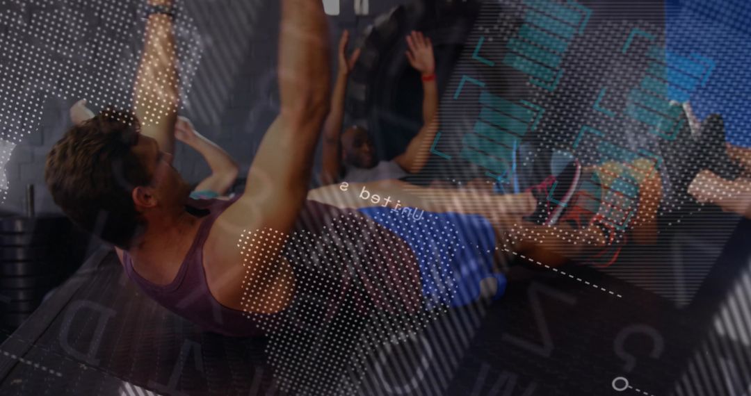 Group Workout on Exercise Mats with Digital Fitness Overlay