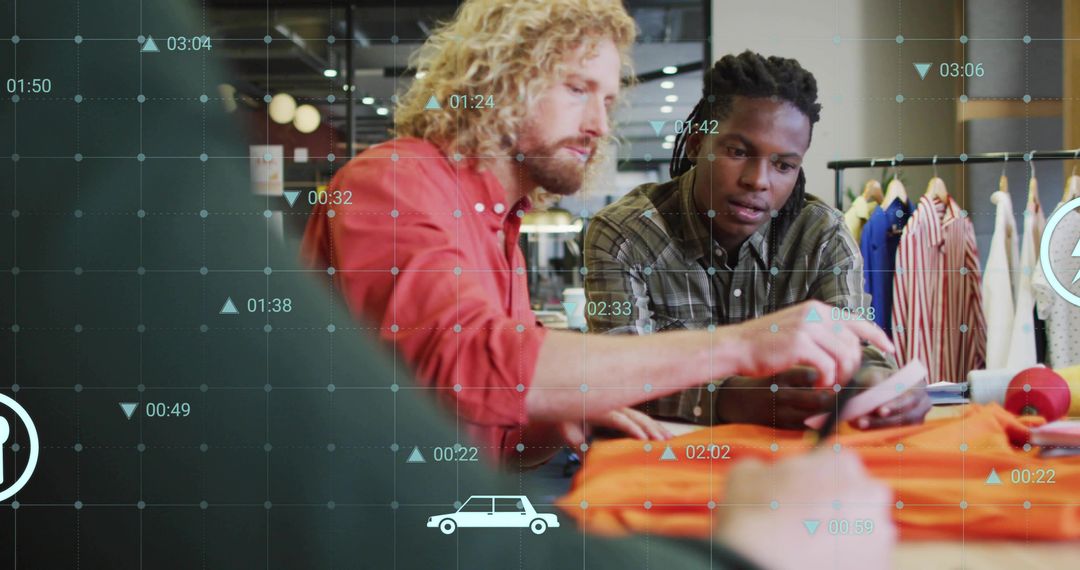 Designers Collaborating over Orange Garment Using Smartphone with Data Overlay