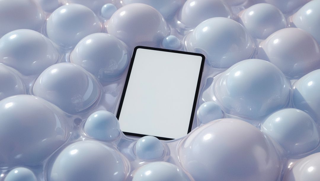 Floating Tablet with Futuristic Glossy Spheres