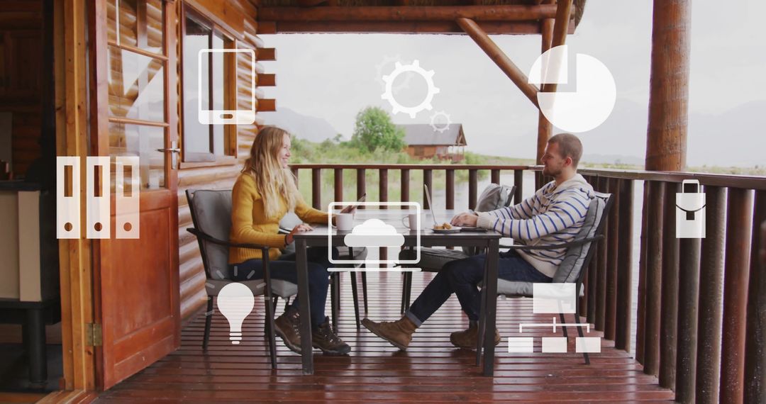 Digital Data Integration with Diverse Team on Wooden Terrace