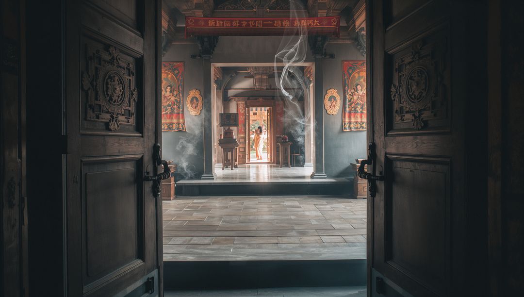 Buddhist Monk Entering Serene Courtyard with Incense Smoke