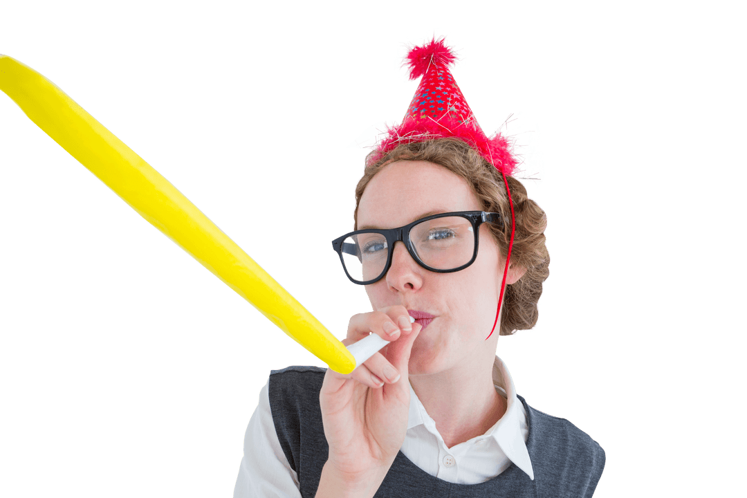Geeky Hipster with Party Hat and Party Horn on Transparent Background