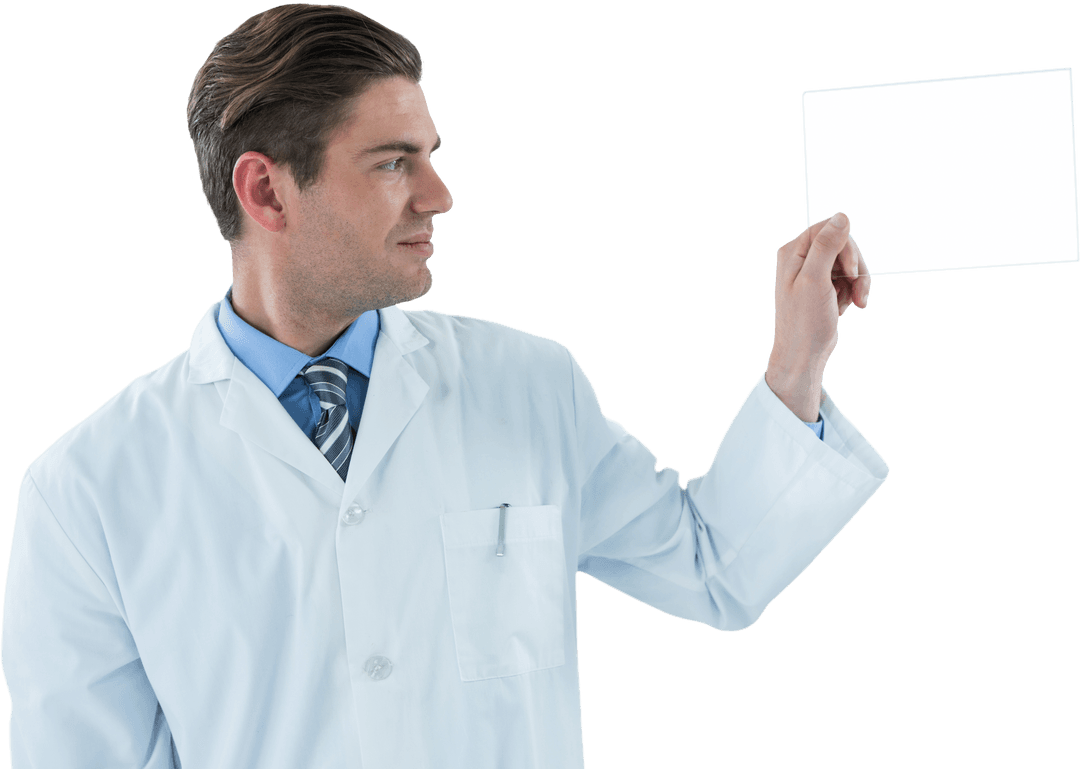 Caucasian Doctor with Raised Hand on Transparent Background