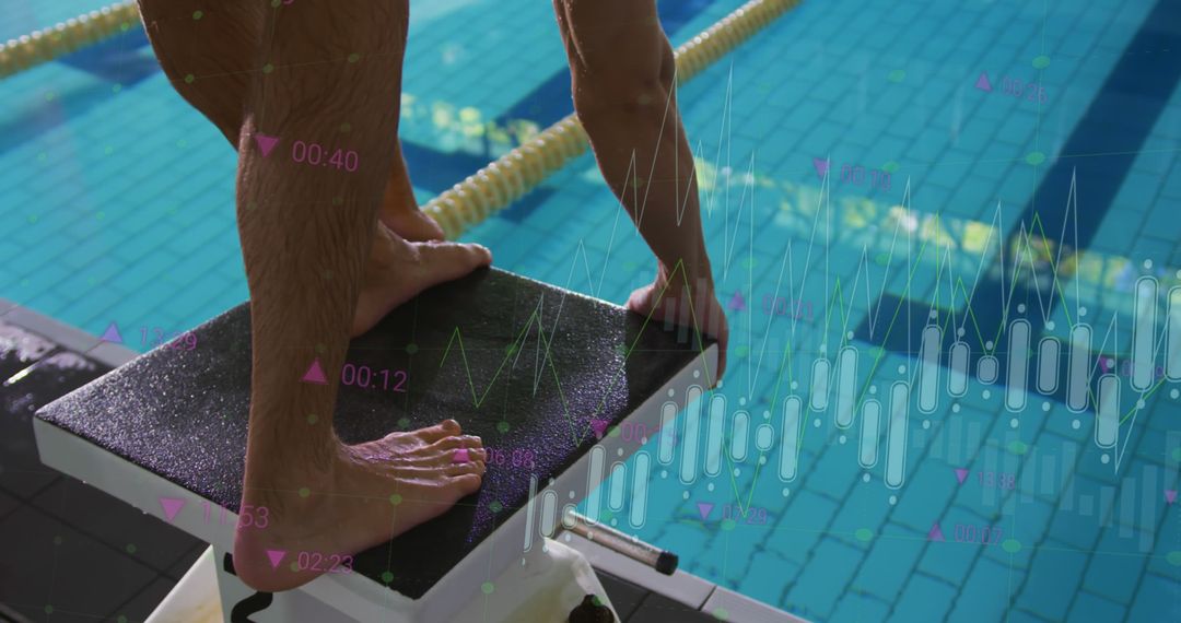 Male Swimmer on Starting Block with Digital Data Overlay
