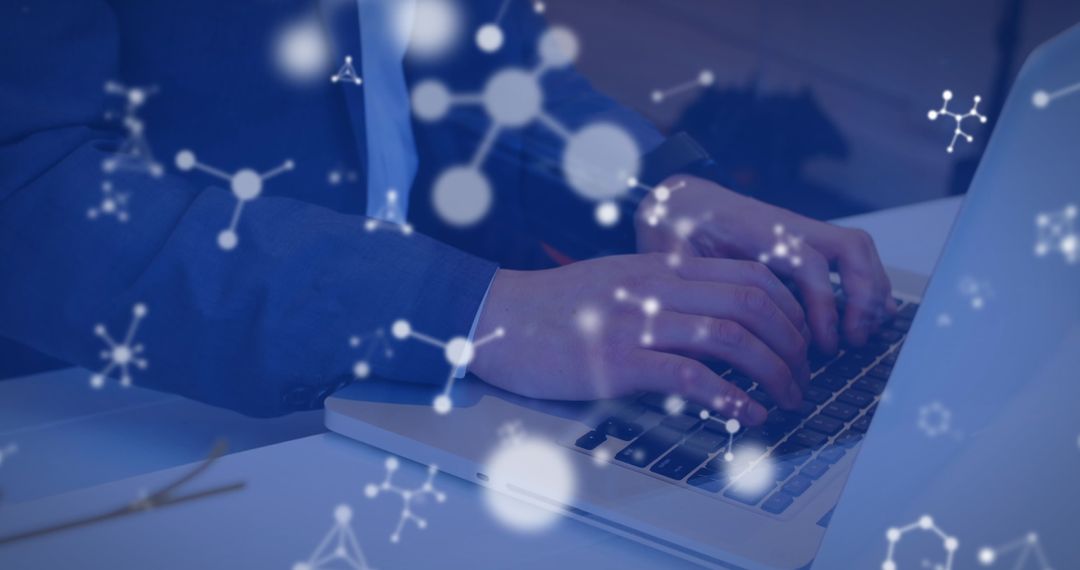Digital Interface Concept: Man Typing with Molecular Graphic Overlay