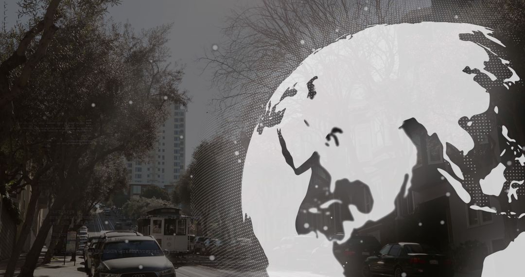 Digital Globe Overlay on Cityscape Representing Global Business