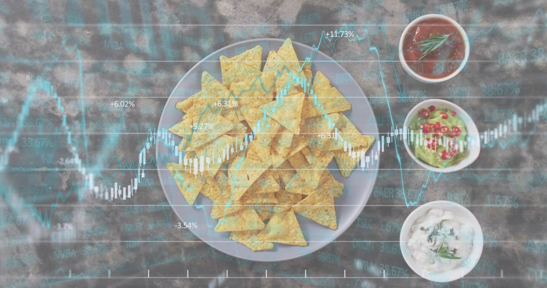 Tortilla Chips and Dips Merging with Stock Market Charts for Food Finance Concept Visual