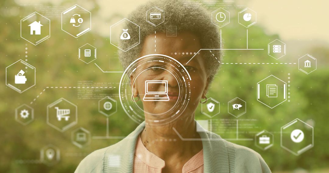 Standing senior woman engaging with virtual finance and connectivity interface in garden