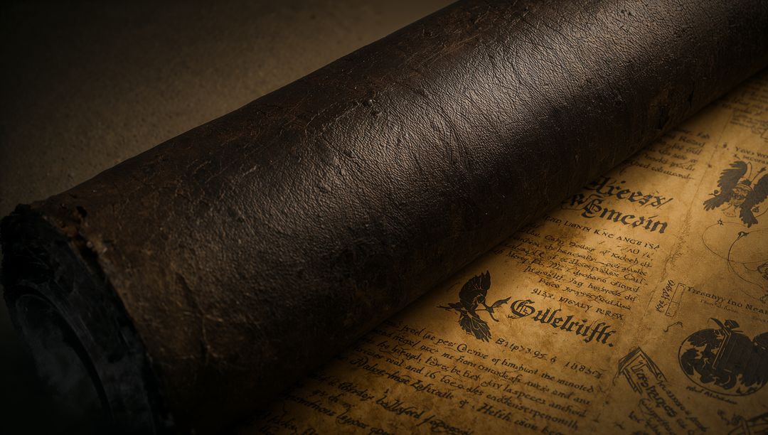 Unfurling dark leather scroll revealing aged parchment with gothic script and sepia tones