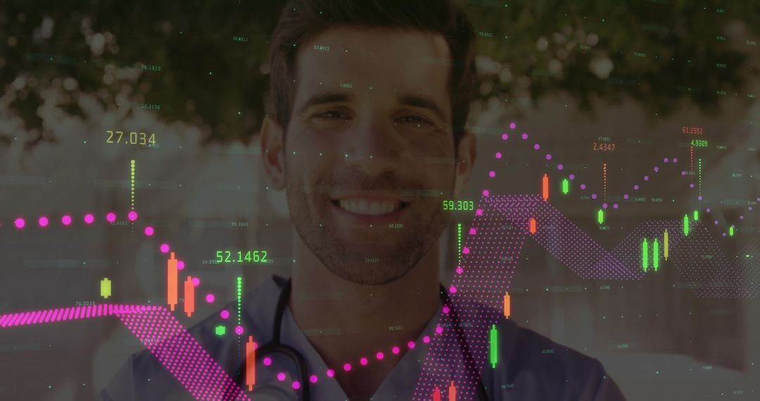 Smiling Medical Professional Analyzing Financial Data Overlays