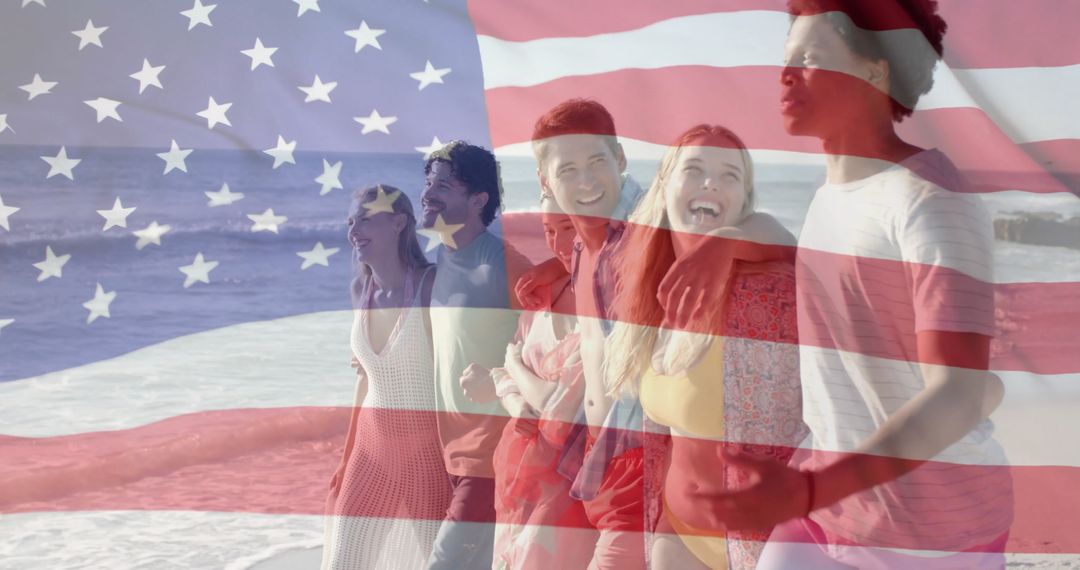 Diverse Group of Friends Enjoying Beach Behind USA Flag Overlay