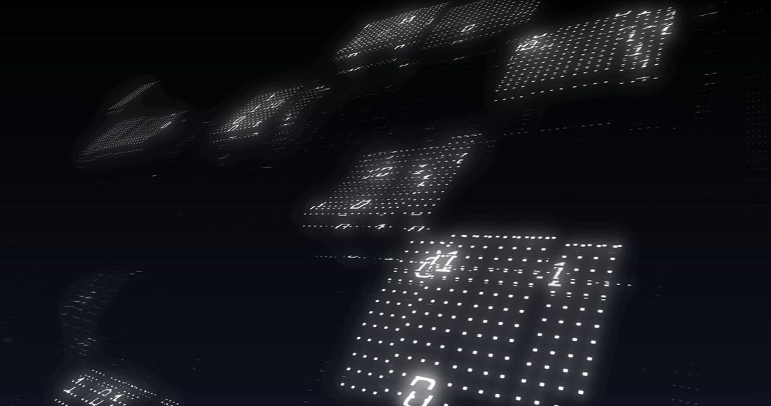 Binary Code Lines on Glowing Screens in Dark Environment