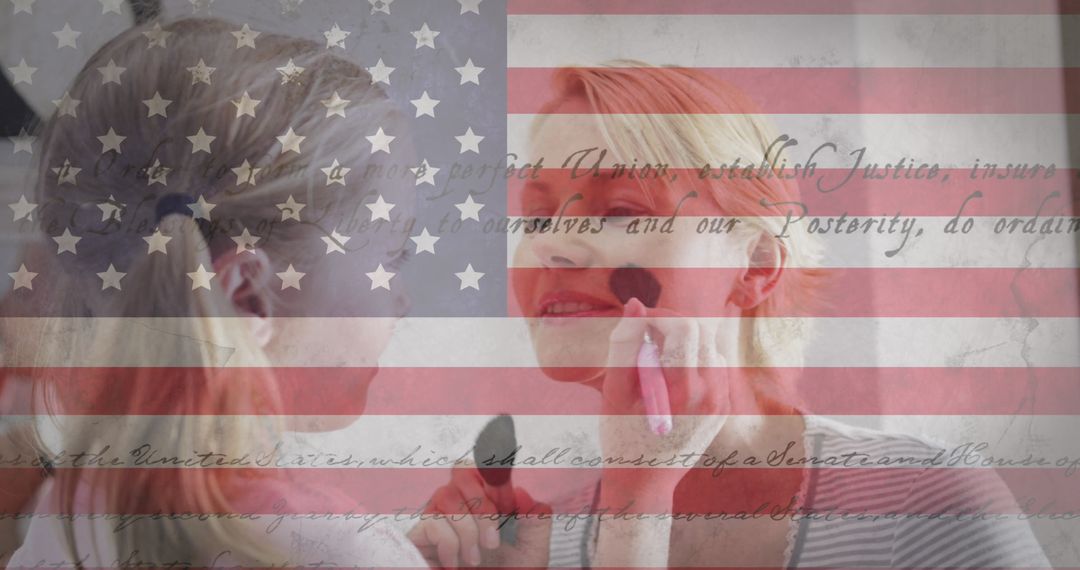 Child Applying Makeup on Parent with American Symbolism Overlay