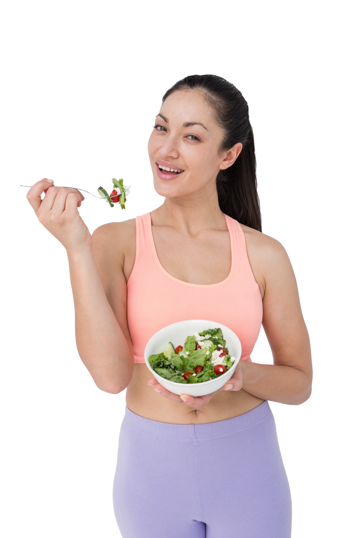 Transparent Image of Smiling Brunette Eating Fresh Salad - Download Free Stock Images Pikwizard.com