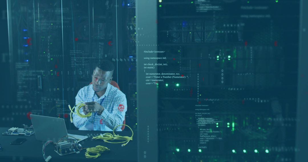 IT Specialist Managing Ethernet Cables in Modern Server Room