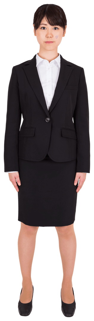 Transparent Businesswoman Smiling with Professional Attire, Full-Length Portrait