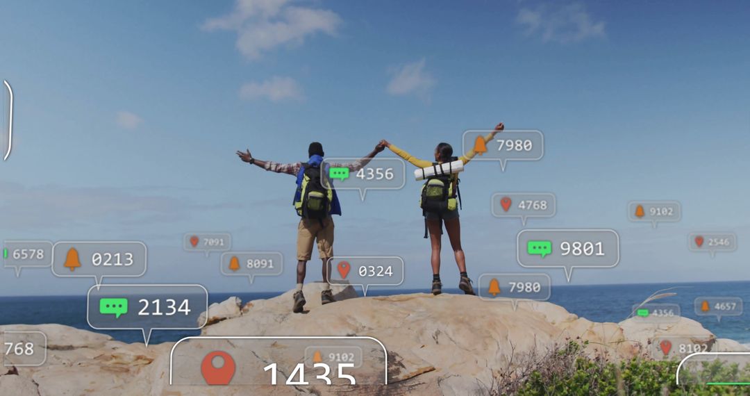 Couple Exploring Coastal Cliff With Digital Overlay Displays