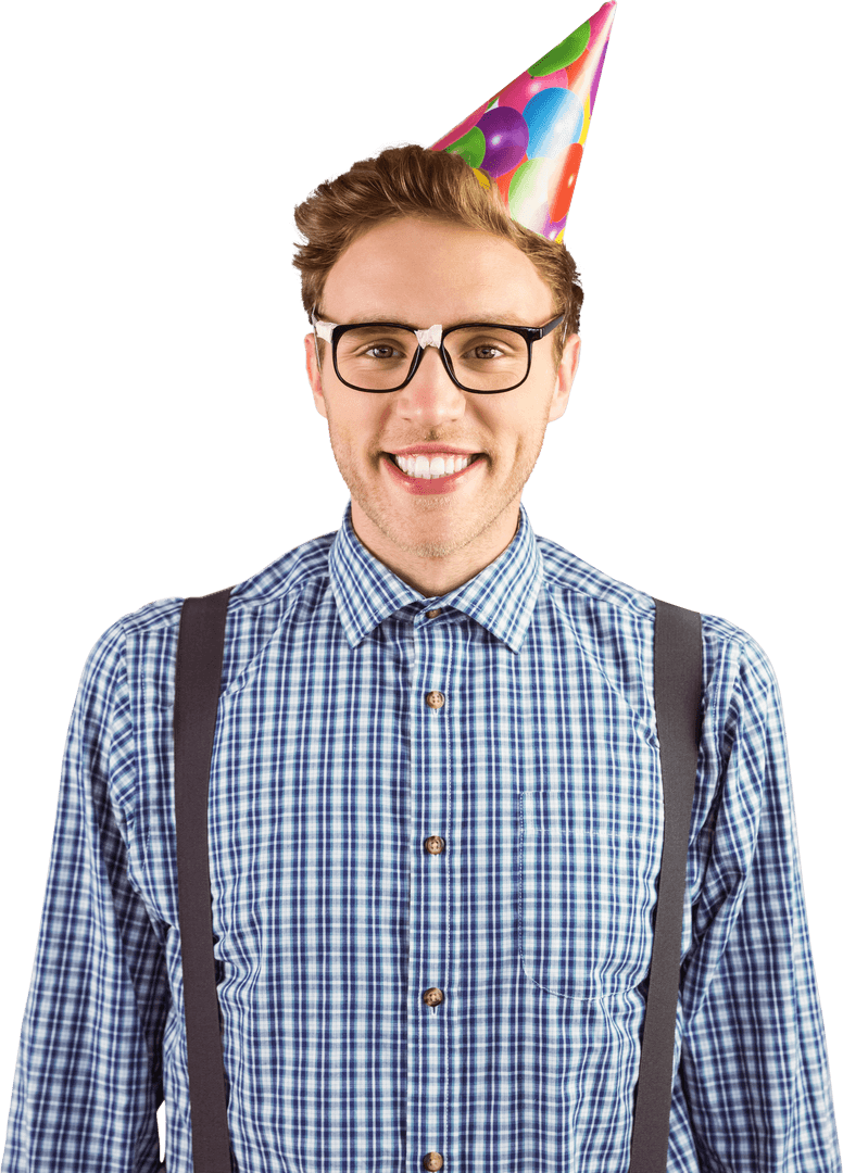 Geeky Hipster Celebrating Birthday in Transparent Style