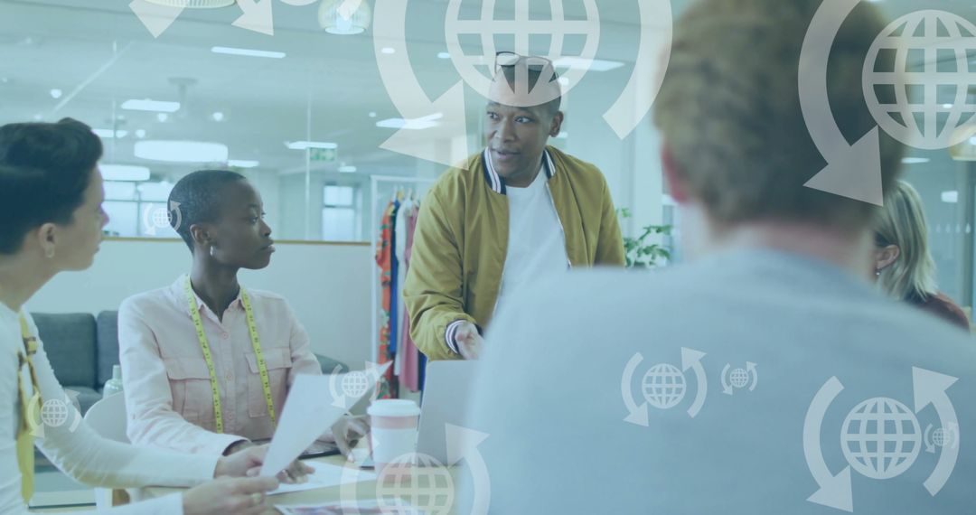 Diverse Business Team in Office with Global Connection Overlays