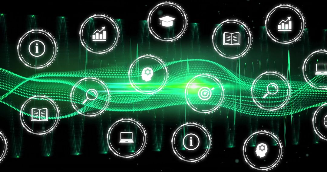 Futuristic Interface with Glowing Function Icons and Green Waveform