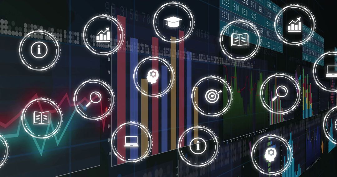 Digital Business Icons Overlay on Financial Data Analytics Display