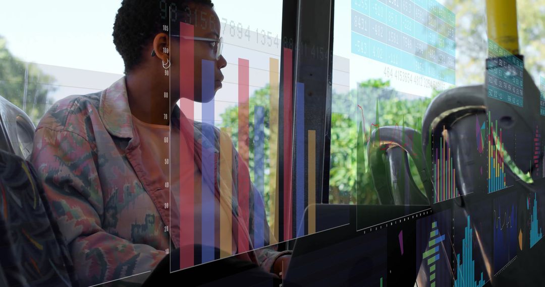 Woman Analyzing Data with Augmented Reality on Public Transport