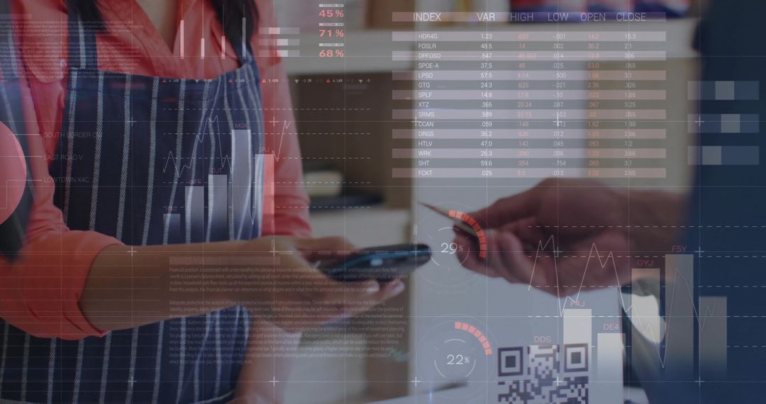 Cashier Modern Retail Checkout with Digital Data Overlays