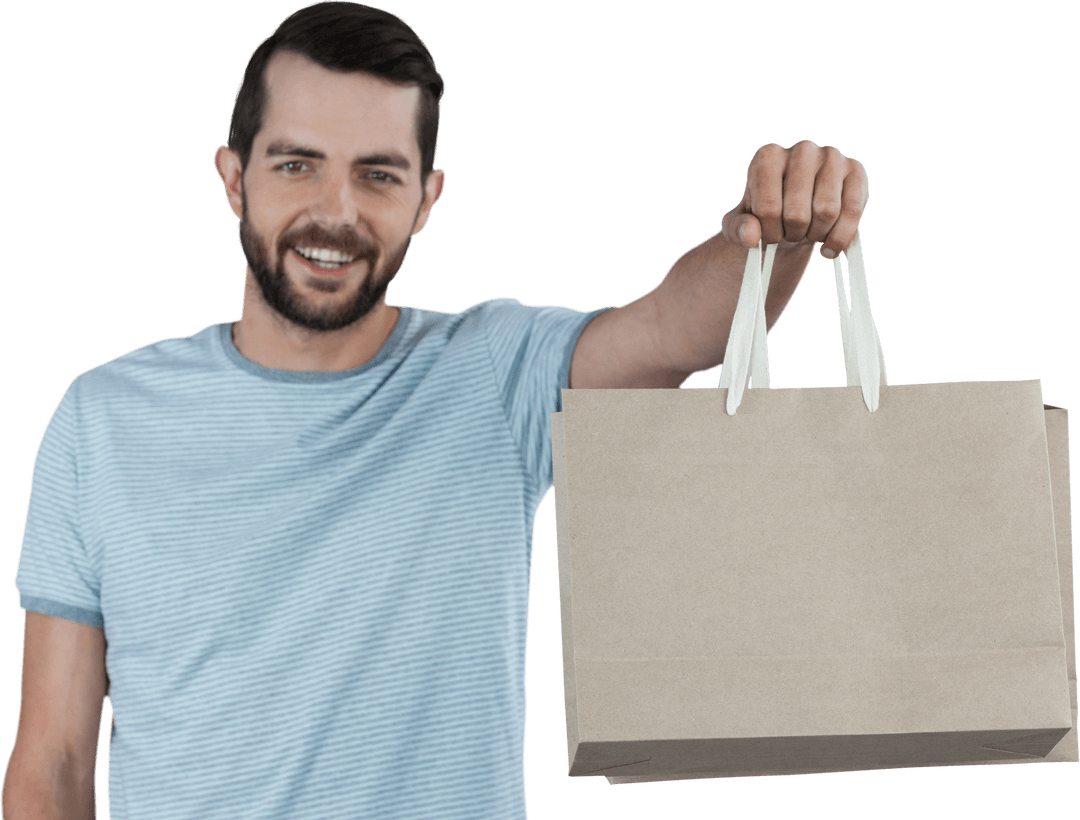 Smiling Man Presenting Brown Paper Shopping Bag Clear Background