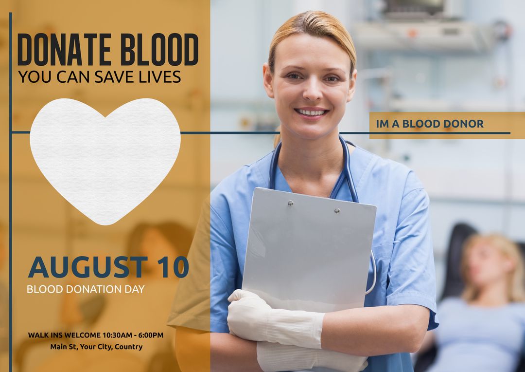 Smiling Nurse Promoting Blood Donation Day with Information Poster - Download Free Stock Templates Pikwizard.com