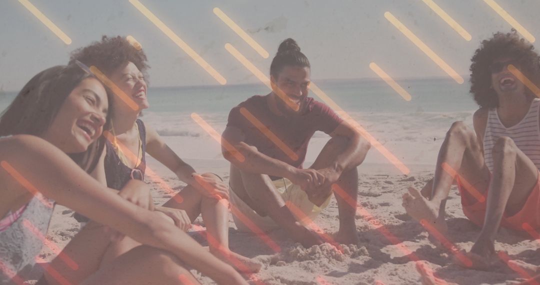 Joyful Friends Enjoying Relaxing Day Sitting on Sunny Beach