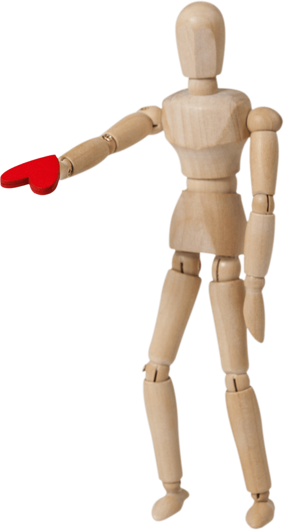 Wooden Figurine Offering Symbolic Heart Gesture on Transparent Background