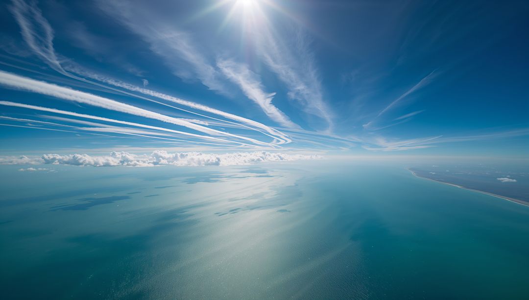 Aerial turquoise ocean with dramatic contrails and sunlit horizon over sandy coastline