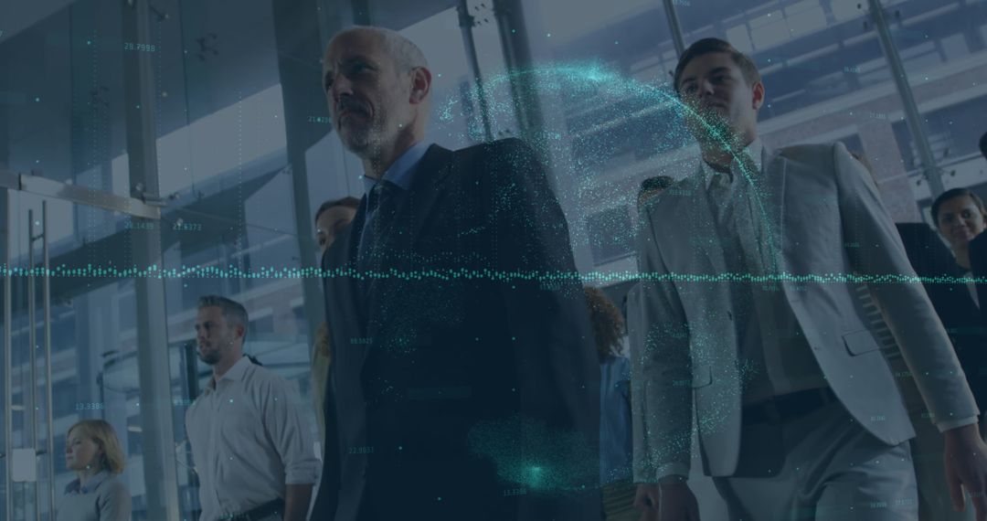 Business Professionals Walking With Financial Data Overlay