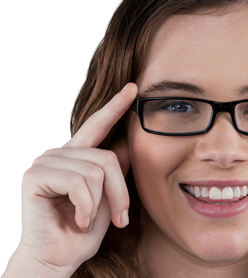 Smiling Woman with Eyeglasses Pointing at Head on Transparent Background