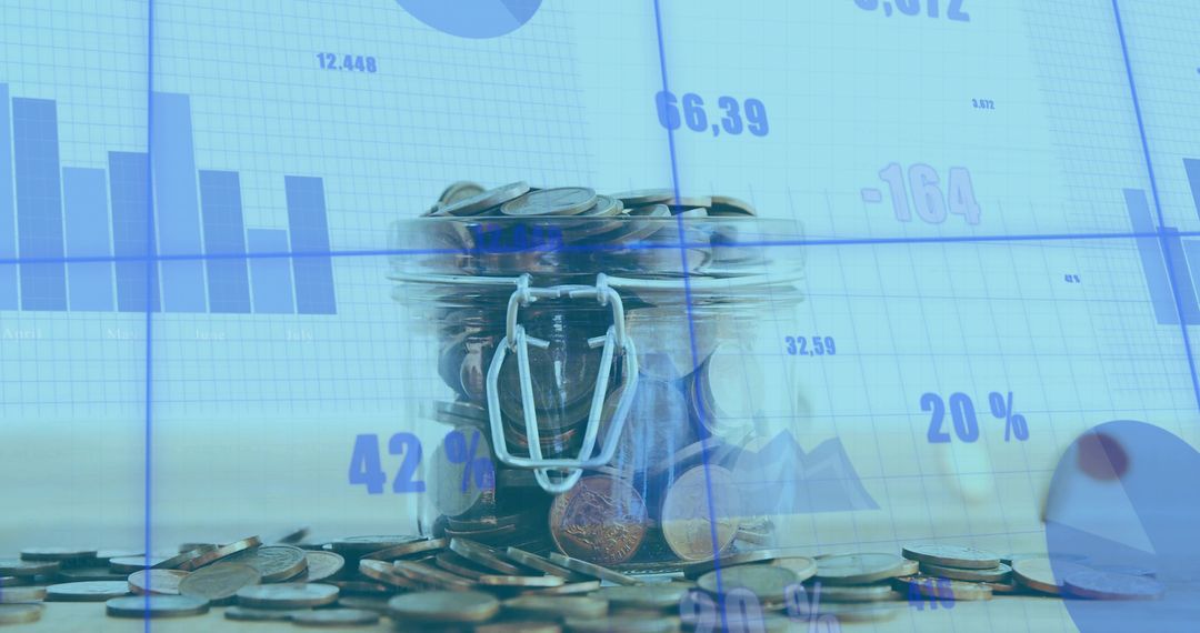 Coins in Glass Jar with Bar Graph and Chart Overlays for Financial Analysis