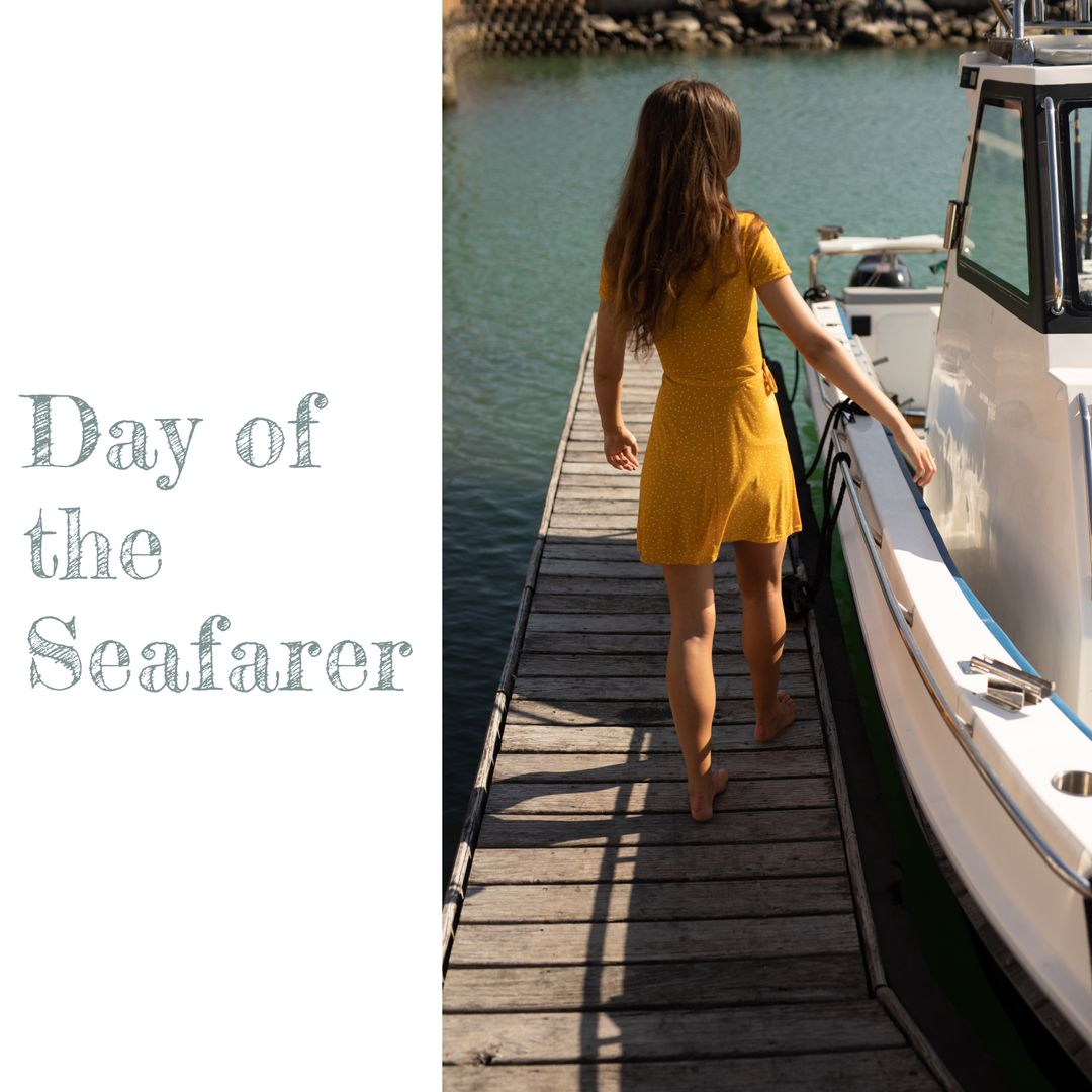 Woman Walking by Docked Boat on Sunny Day at Marina