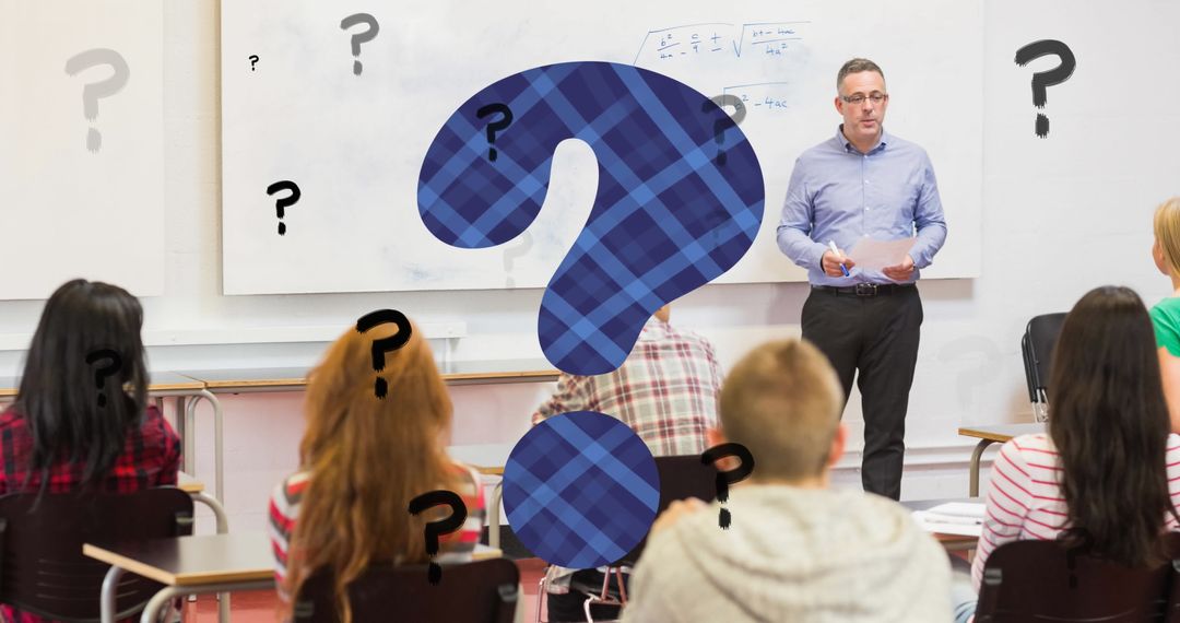 Students in Classroom with Question Marks Highlighting Uncertainty