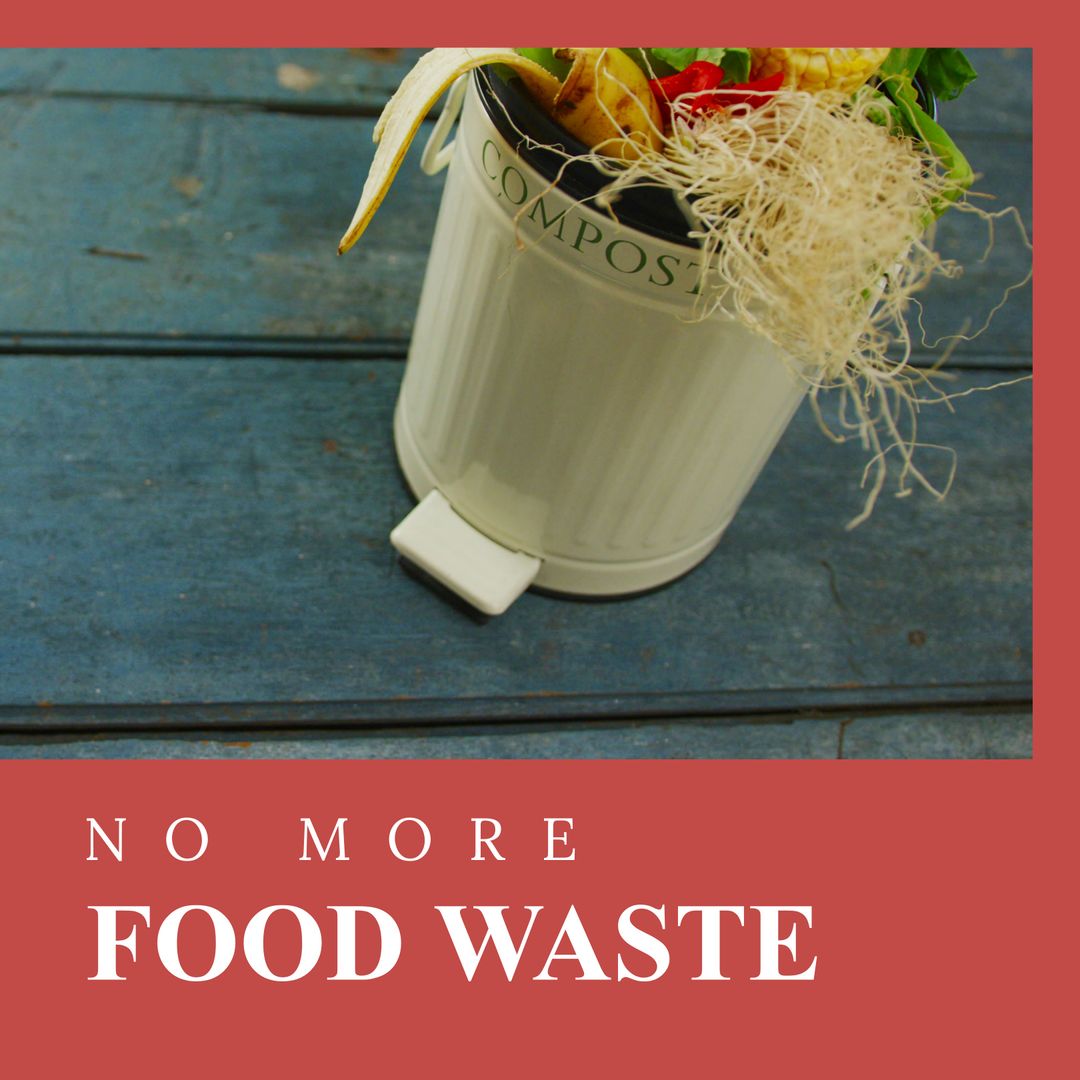No More Food Waste Sign with Compost Bin on Wooden Table