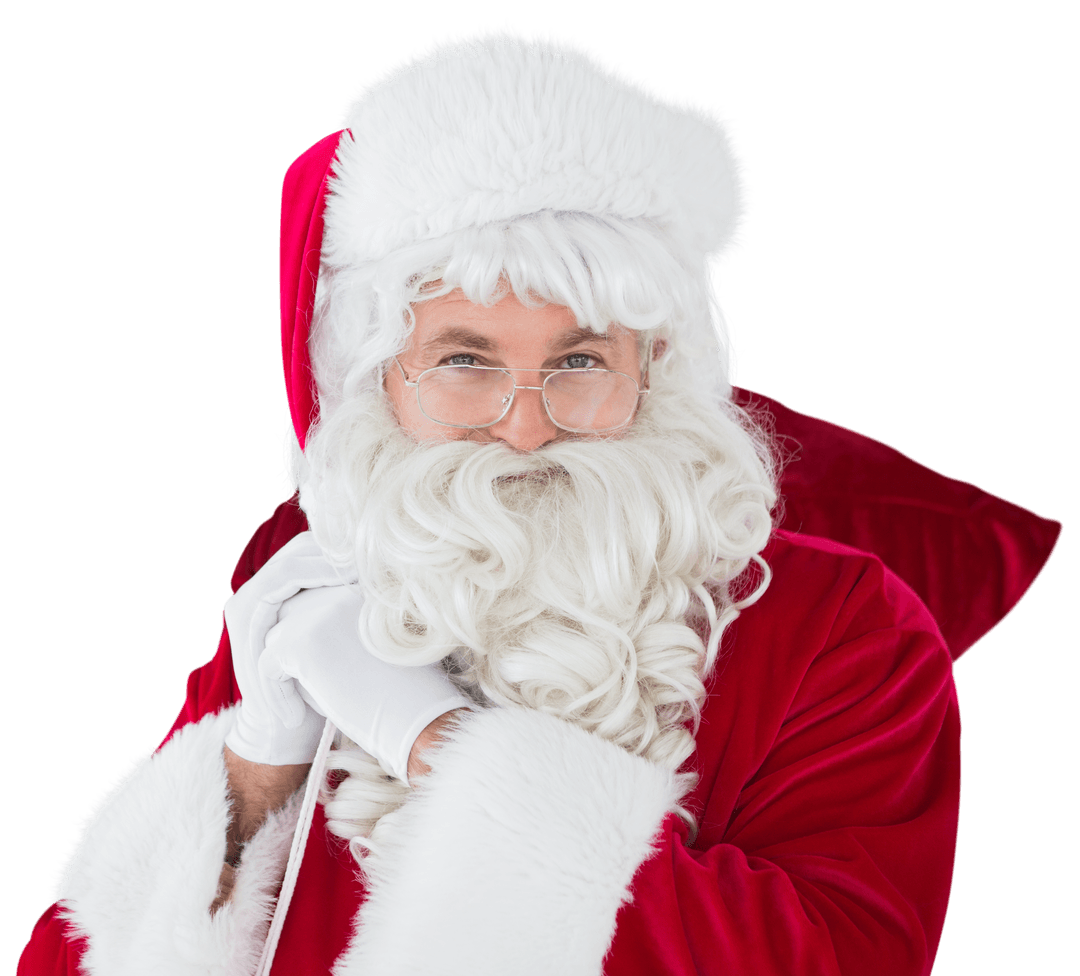 Smiling Santa Claus with Gift Sack on Transparent Background