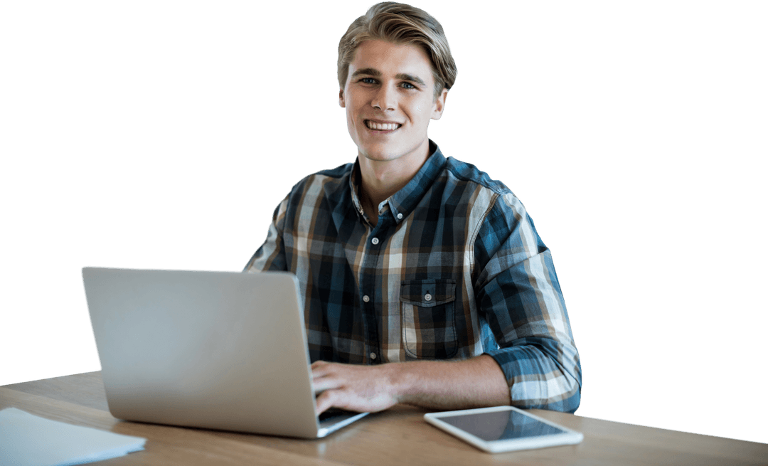 Smiling Businessman Using Laptop at Desk on Transparent Background