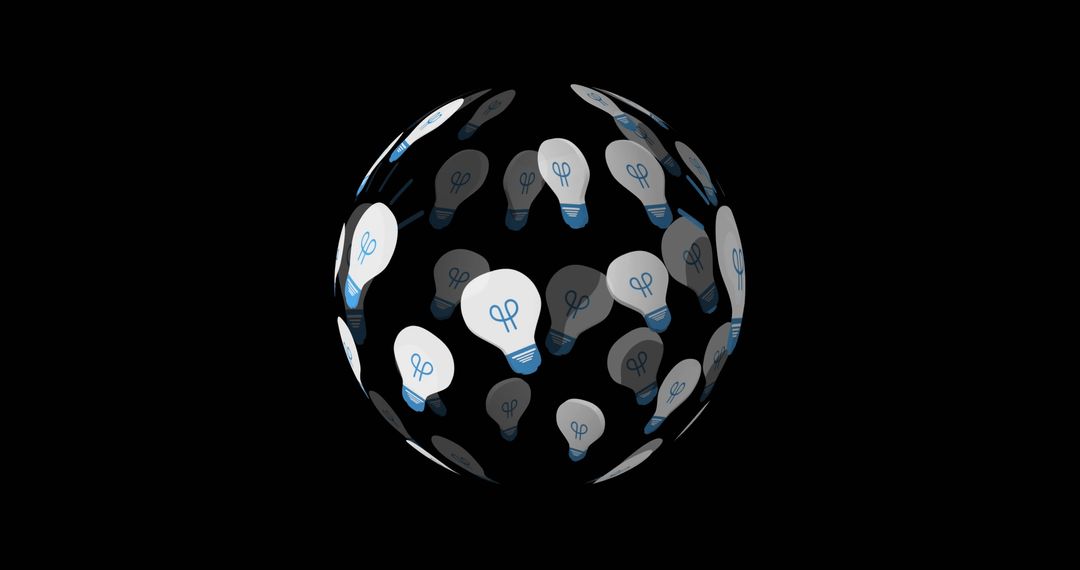 Sphere of Rotating Light Bulb Icons on Black Background