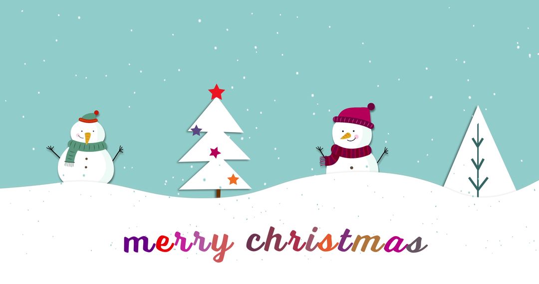 Cheerful Christmas Greeting with Snowmen and Falling Snowflakes